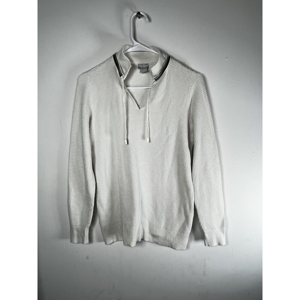 Chico's Zenergy Sweater Womens Size M 1 White Knit Collared V Neck Long Sleeve